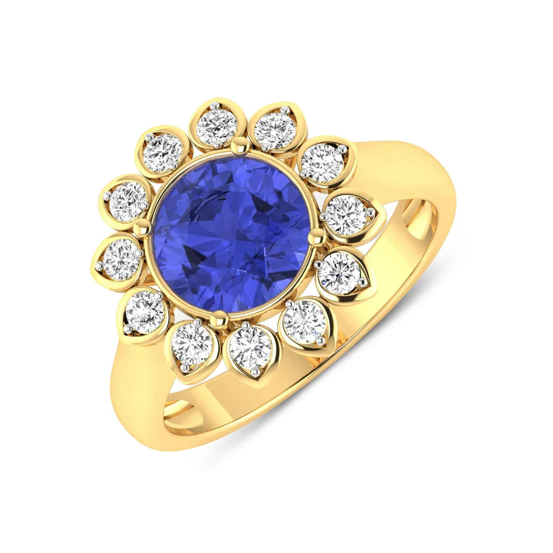 2.38 Ct Round Violet Tanzanite and White Diamond Prong 14k Gold Halo Statement Floral Ring