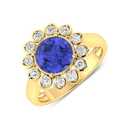 2.38 Ct Round Violet Tanzanite and White Diamond Prong 14k Gold Halo Statement Floral Ring