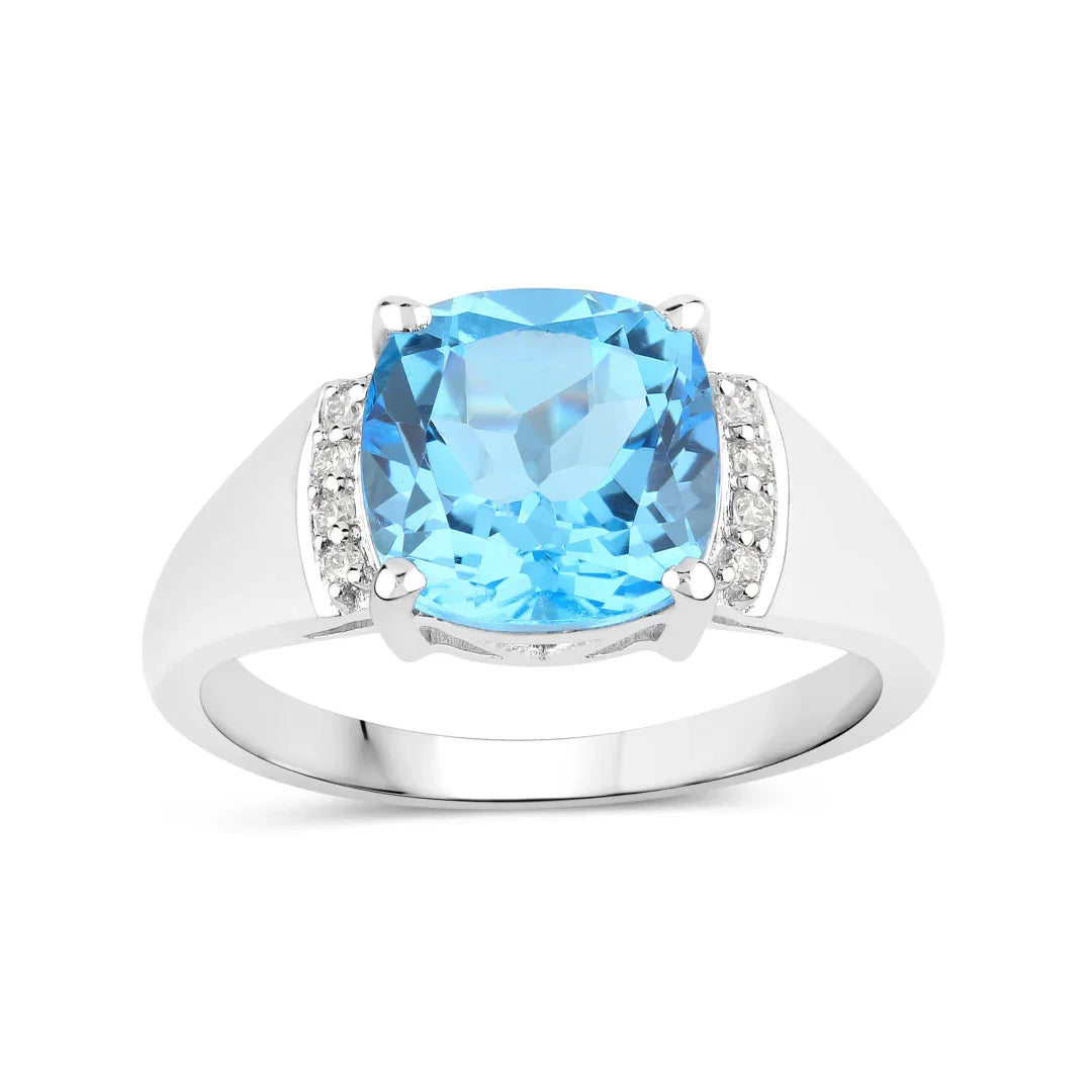 3.65 Ct Cushion Swiss Blue Topaz & Lab Diamond Prong Silver Cocktail Ring
