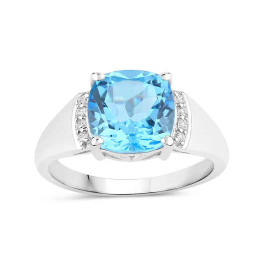 3.65 Ct Cushion Swiss Blue Topaz & Lab Diamond Prong Silver Cocktail Ring