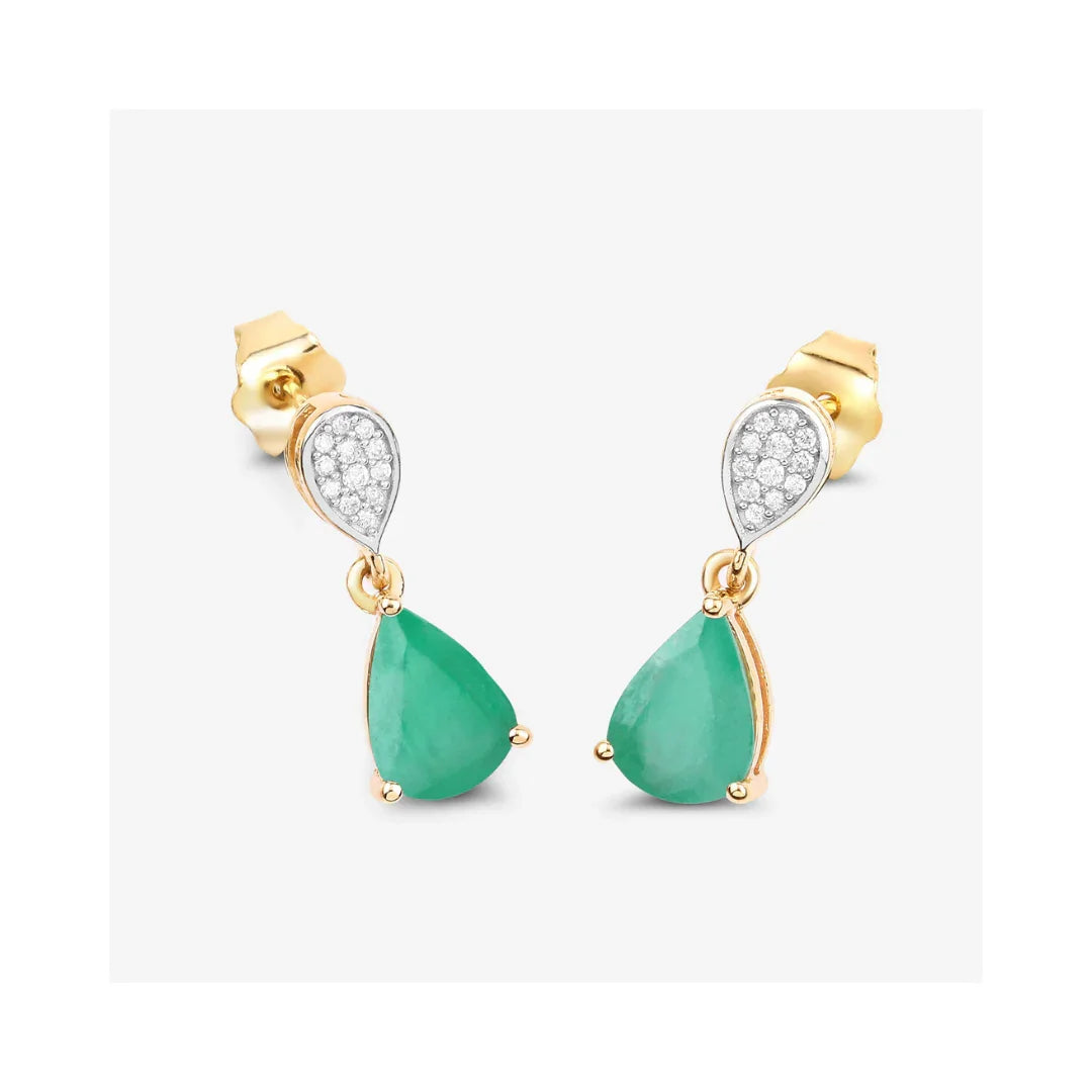 Pear Green Zambian Emerald Diamond Prong 10K Gold Teardrop Dangle Earrings