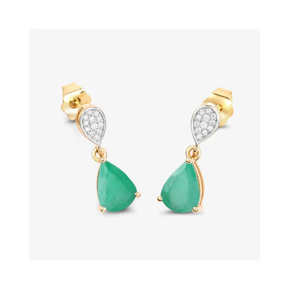 Pear Green Zambian Emerald Diamond Prong 10K Gold Teardrop Dangle Earrings