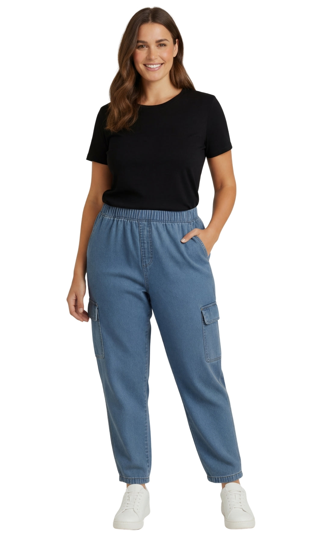 Women's Elastic Stretch Waist Casual Denim Pull-on Cargo Pants