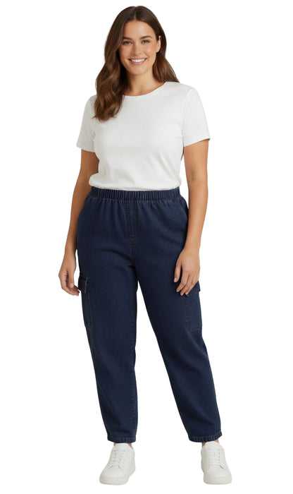 Women's Elastic Stretch Waist Casual Denim Pull-on Cargo Pants
