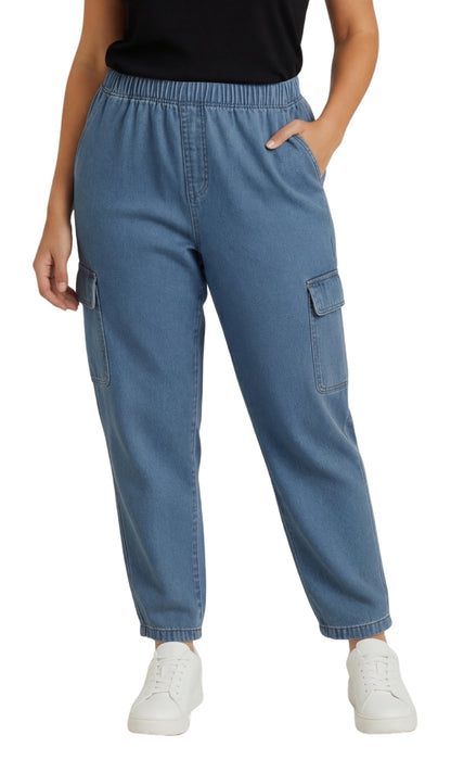 Women's Elastic Stretch Waist Casual Denim Pull-on Cargo Pants