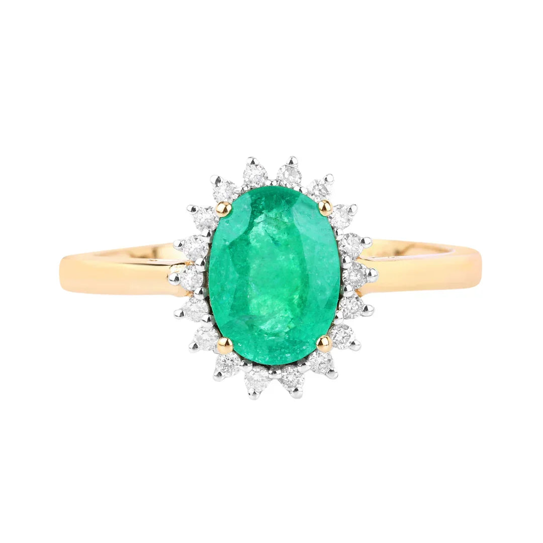1.20 Ct Oval Green Zambian Emerald Diamond Prong 10k Gold Halo Ring