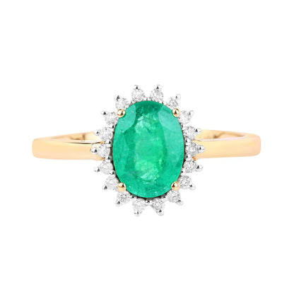 1.20 Ct Oval Green Zambian Emerald Diamond Prong 10k Gold Halo Ring