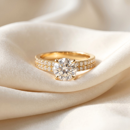 1.36 Cttw Round Gemstone Pave Diamond Double Row Band 14k Yellow Gold Engagement Ring
