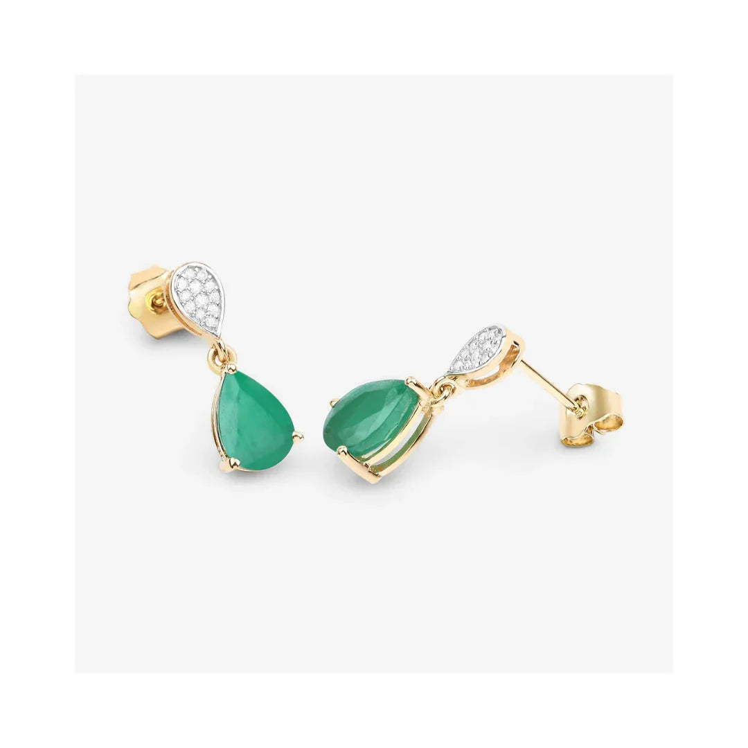 Pear Green Zambian Emerald Diamond Prong 10K Gold Teardrop Dangle Earrings