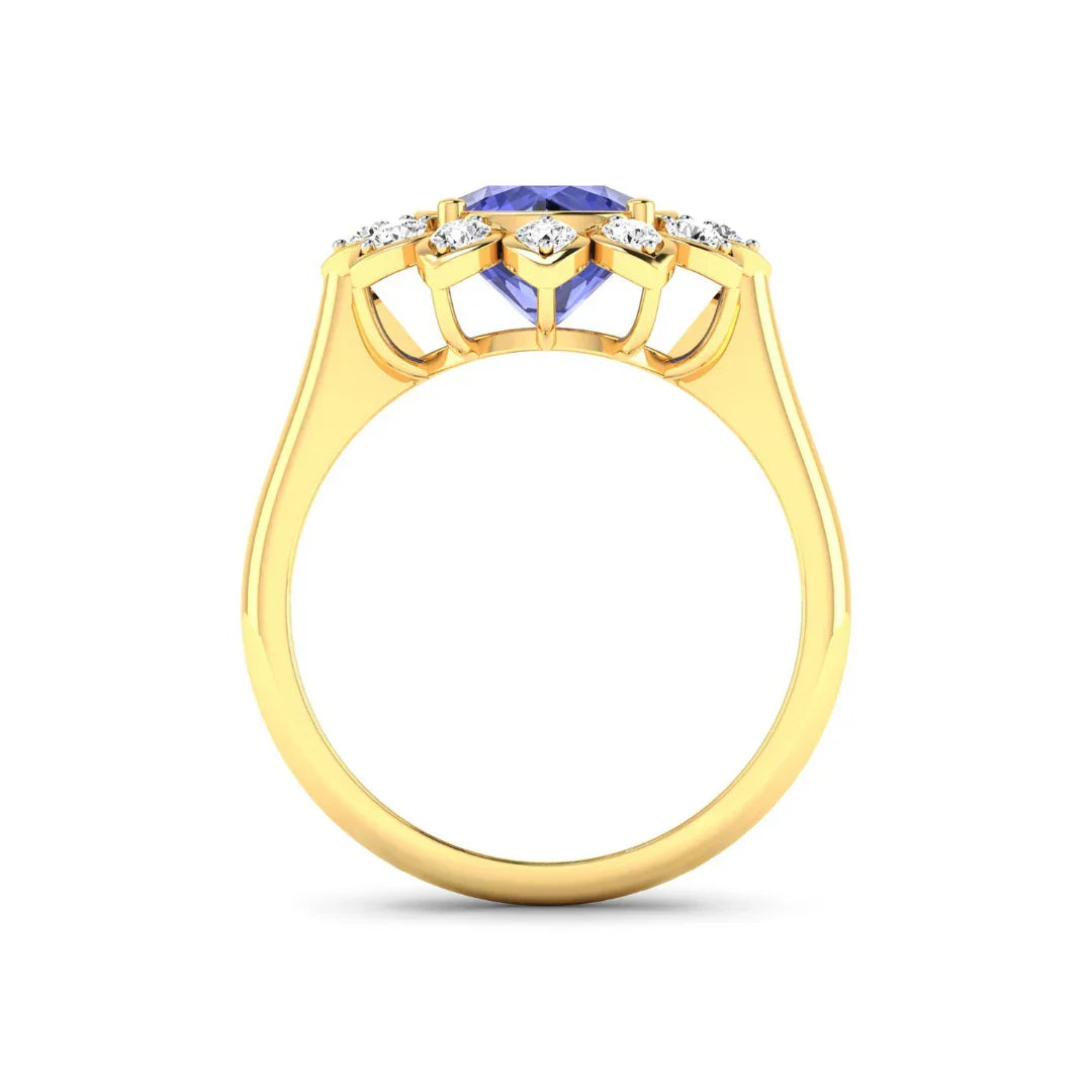 2.38 Ct Round Violet Tanzanite and White Diamond Prong 14k Gold Halo Statement Floral Ring