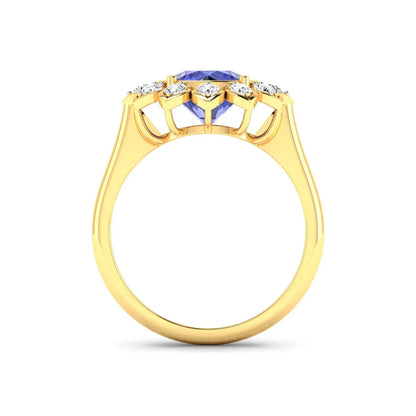 2.38 Ct Round Violet Tanzanite and White Diamond Prong 14k Gold Halo Statement Floral Ring