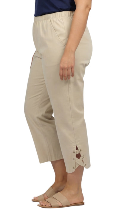 Women's Capris with Studded Hem Detail in Tri-Blend Denim and Twill with Angled side Pockets