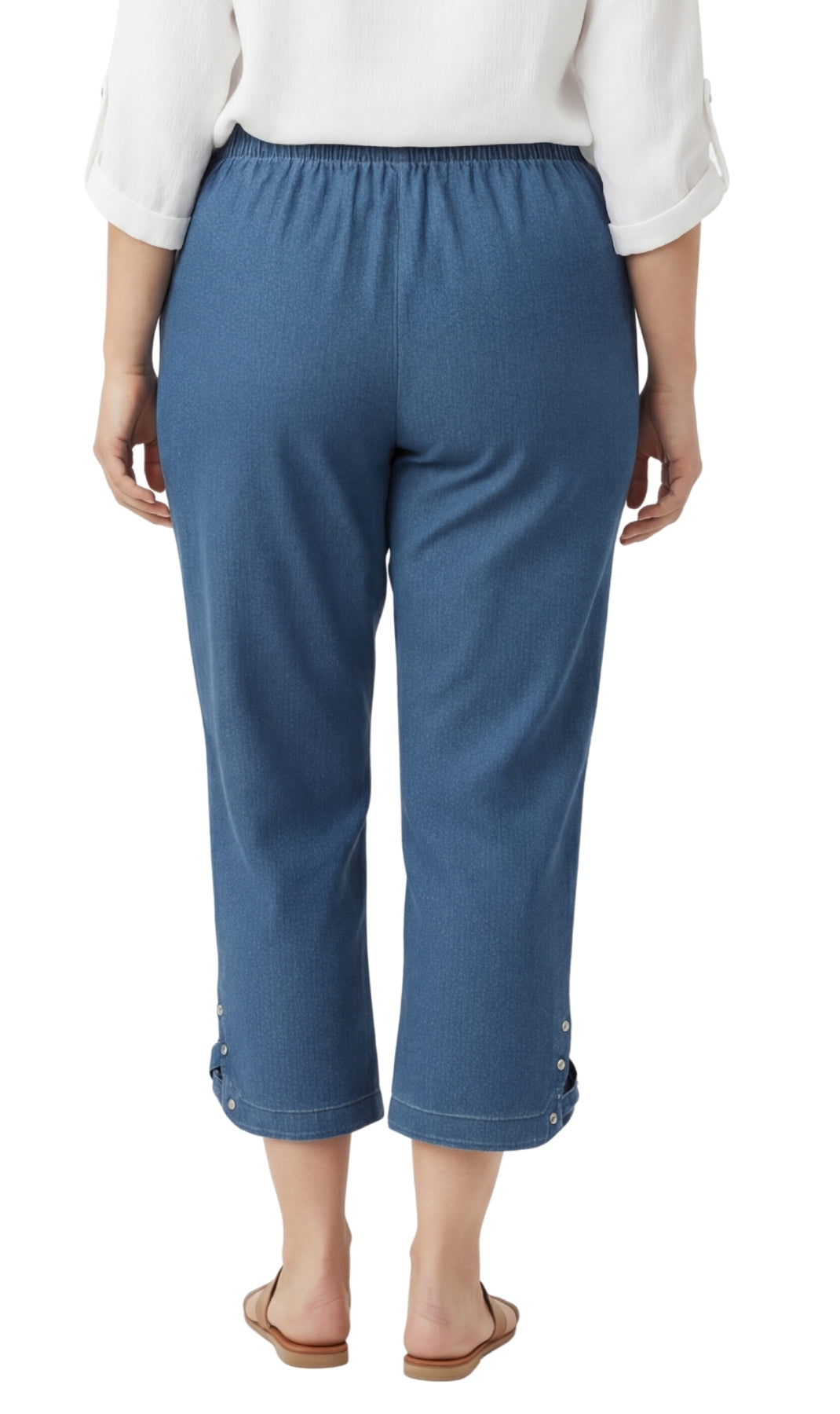 Women's Capris with Studded Hem Detail in Tri-Blend Denim and Twill with Angled side Pockets