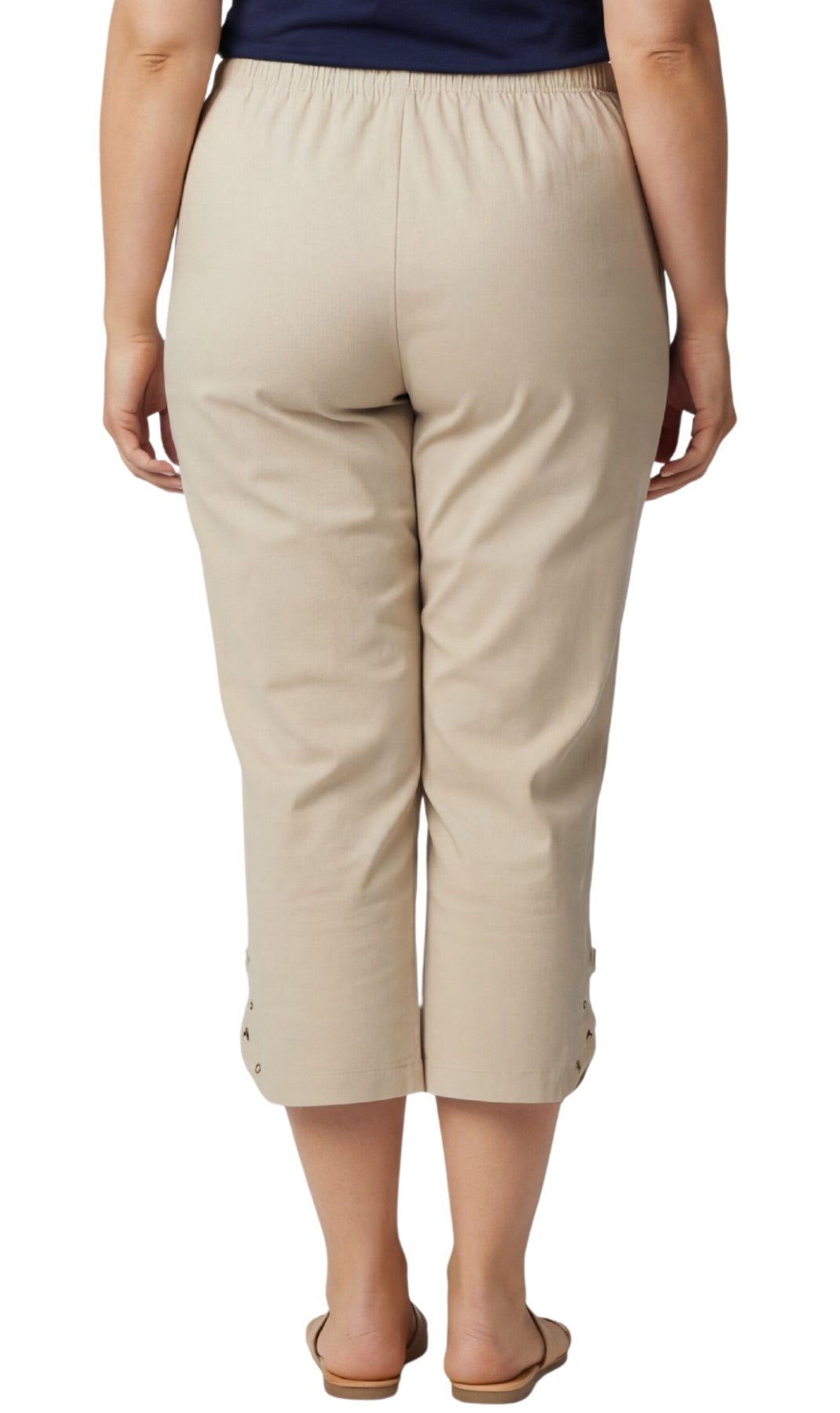Women's Capris with Studded Hem Detail in Tri-Blend Denim and Twill with Angled side Pockets