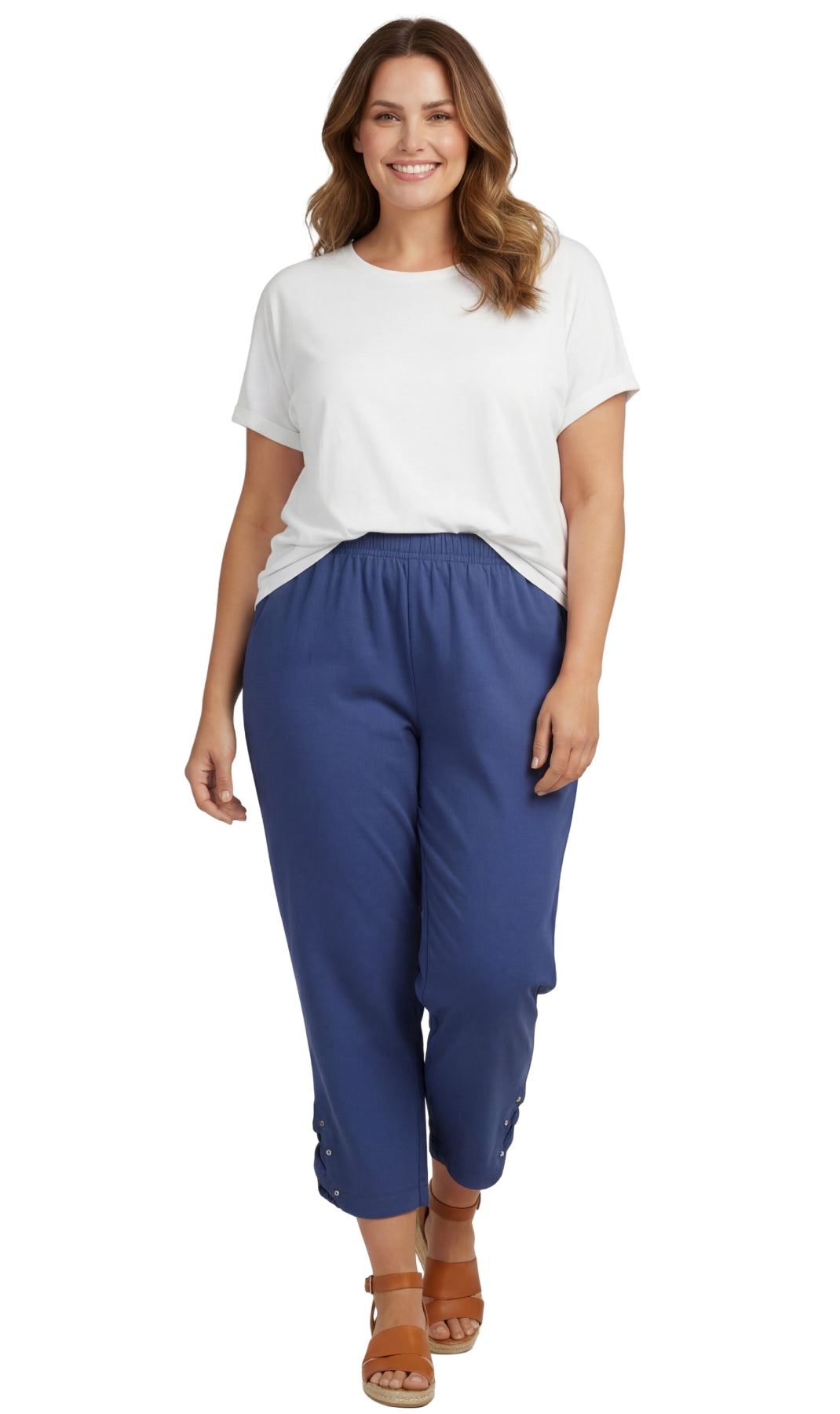 Women's Capris with Studded Hem Detail in Tri-Blend Denim and Twill with Angled side Pockets