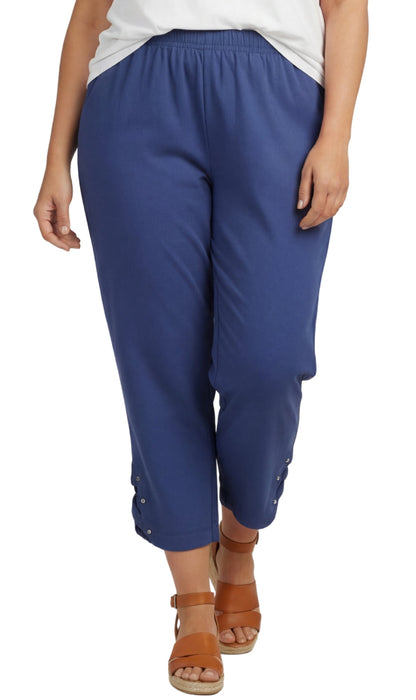Women's Capris with Studded Hem Detail in Tri-Blend Denim and Twill with Angled side Pockets