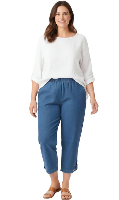 Women's Capris with Studded Hem Detail in Tri-Blend Denim and Twill with Angled side Pockets