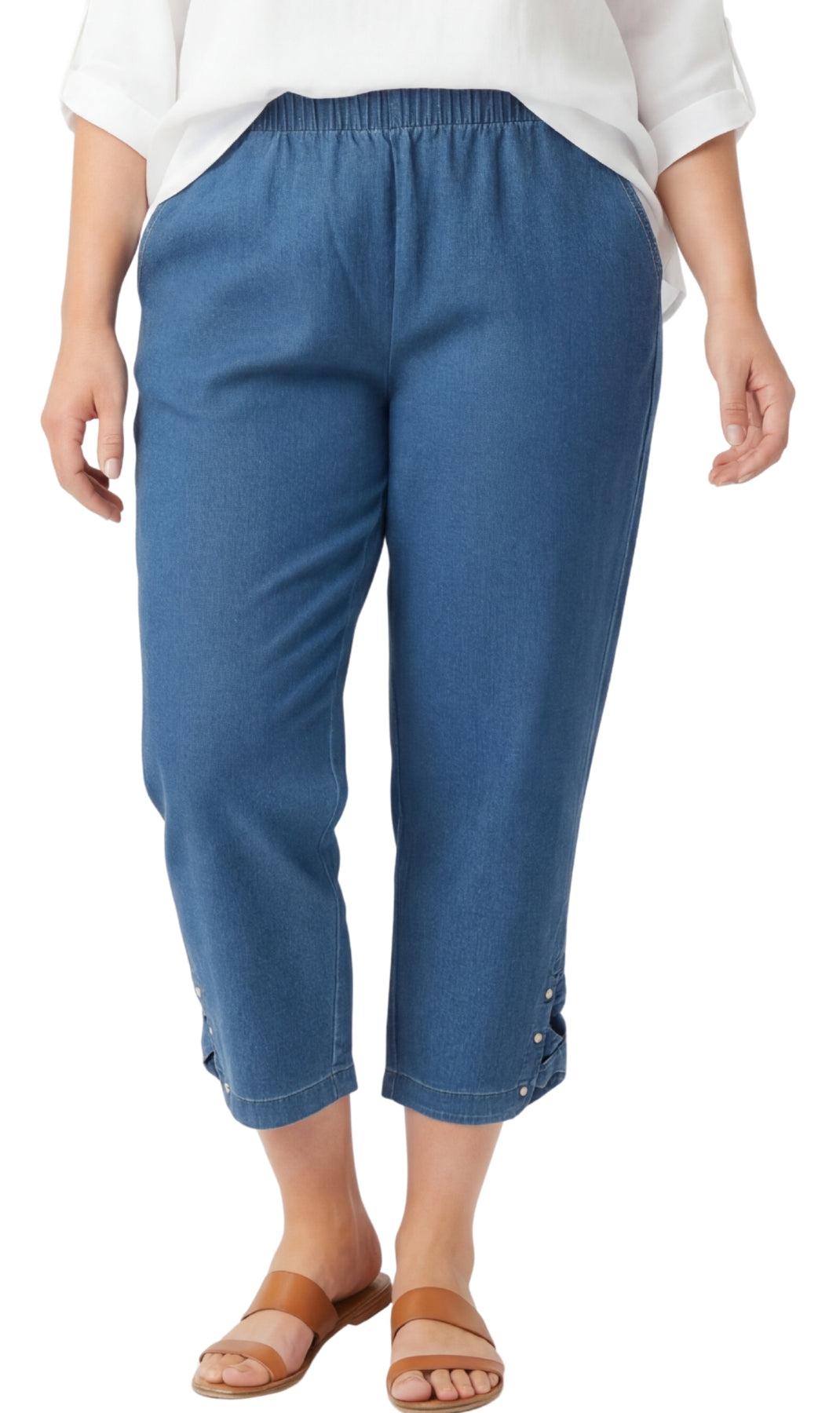 Women's Capris with Studded Hem Detail in Tri-Blend Denim and Twill with Angled side Pockets
