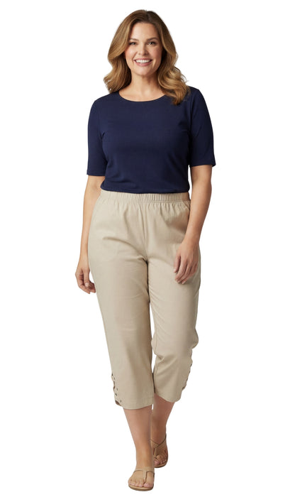 Women's Capris with Studded Hem Detail in Tri-Blend Denim and Twill with Angled side Pockets