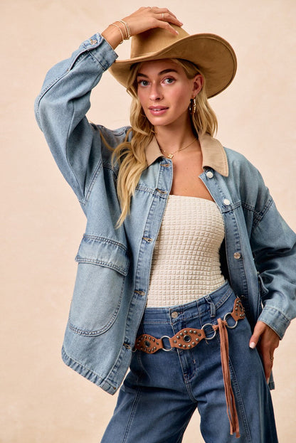 BiBi Washed Denim Contrast Collar Jacket