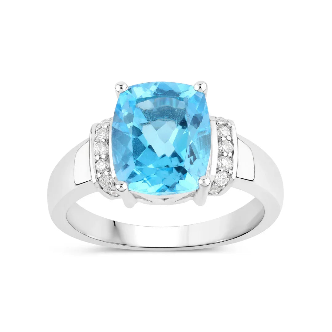3.50 Ct Cushion Swiss Blue Topaz and Lab Diamond Prong Silver Cocktail Ring