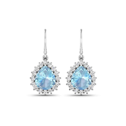 Genuine Aquamarine and Diamond Teardrop Halo Earrings