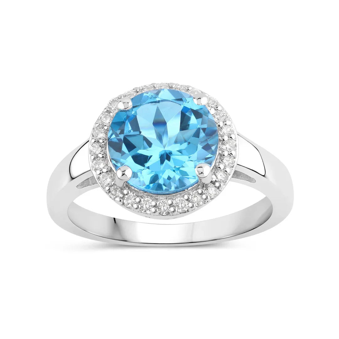 3.75 Ct Round Swiss Blue Topaz and Lab Diamond Prong Silver Halo Ring