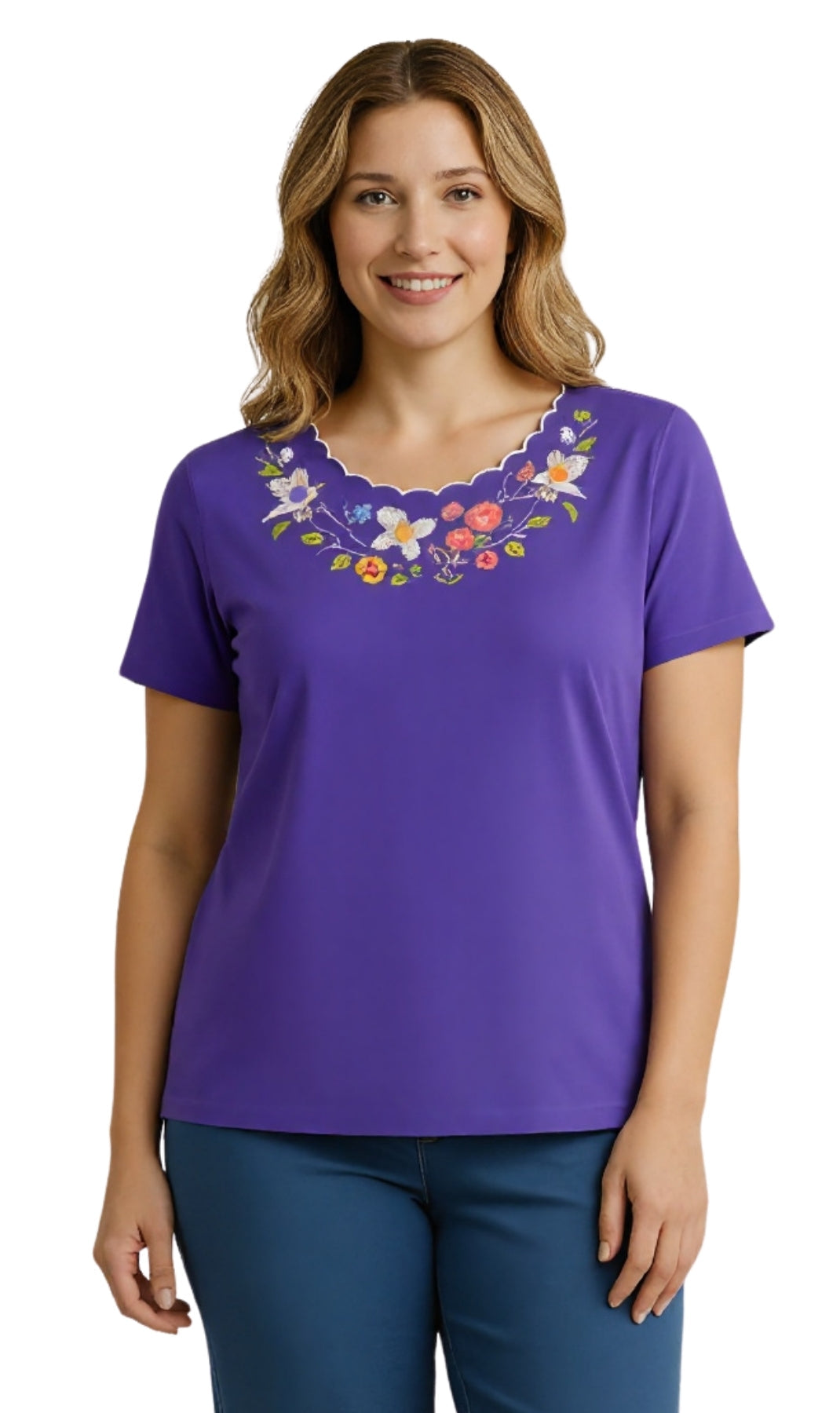 Women's Scalloped Neckline Embellished Tee