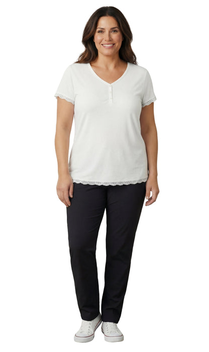 Women's V-neck Short Sleeve Tshirt with A Three Button Placket