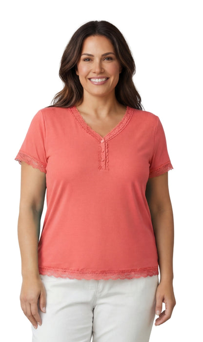 Women's V-neck Short Sleeve Tshirt with A Three Button Placket