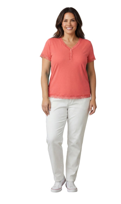 Women's V-neck Short Sleeve Tshirt with A Three Button Placket