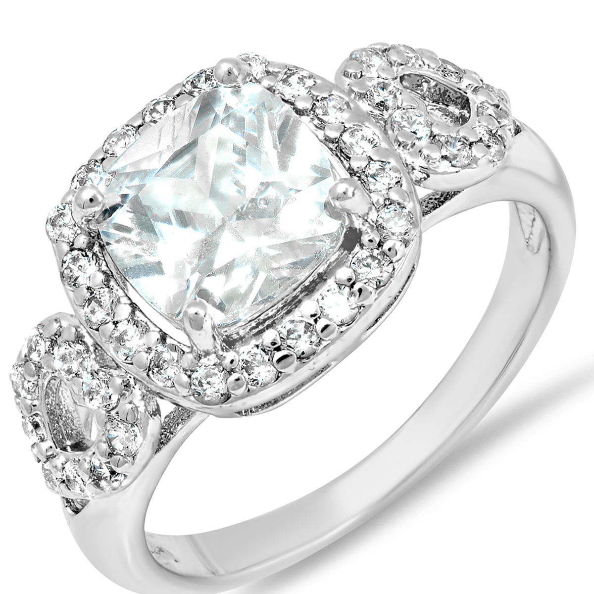White Gold Plated Brass Simulated Cushion Cut Diamond Engagement Ring