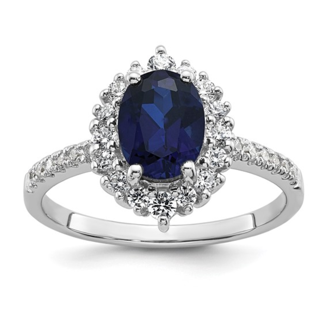 1.45 Ct Oval Blue Lab Created Sapphire and Cubic Zirconia Prong Silver Halo Statement Pave Bridge Ring