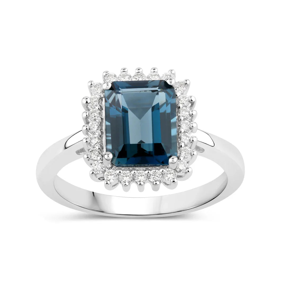 2.80 Ct Octagon London Blue Topaz and Lab Diamond Prong Silver Halo Ring