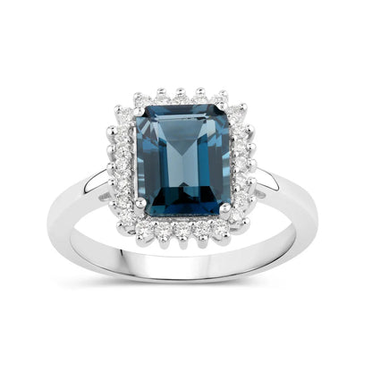 2.80 Ct Octagon London Blue Topaz and Lab Diamond Prong Silver Halo Ring