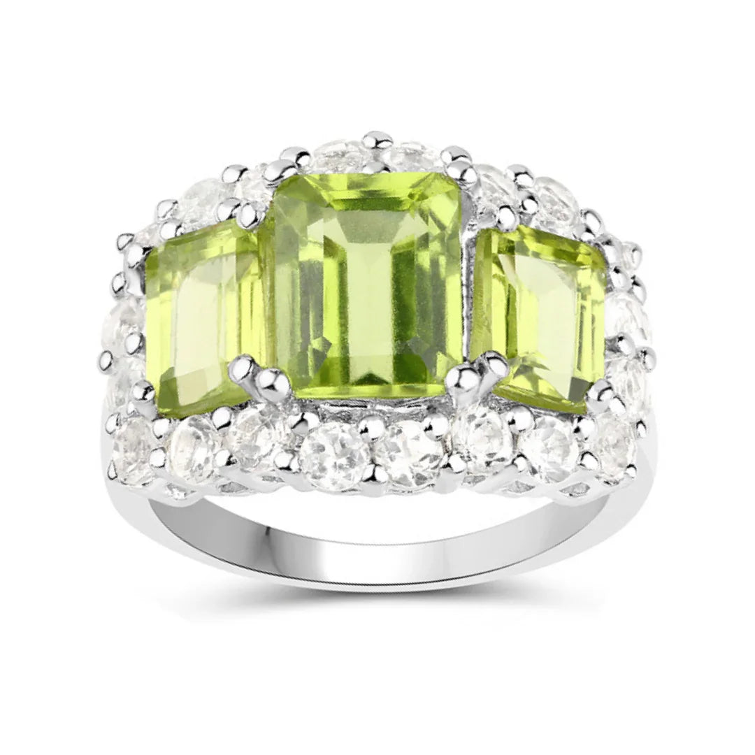 4.40 Ct Octagon Green Peridot Prong Silver Three Stone Halo Ring