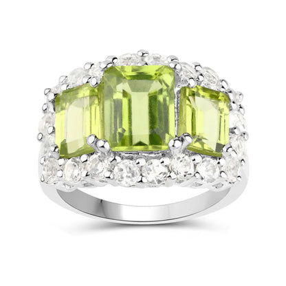 4.40 Ct Octagon Green Peridot Prong Silver Three Stone Halo Ring
