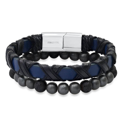 Criss Cross Leather + Lava Bracelet Stack