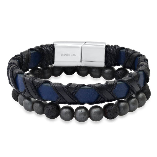 Criss Cross Leather + Lava Bracelet Stack