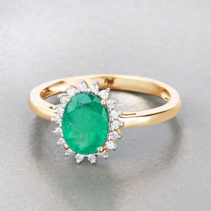 1.20 Ct Oval Green Zambian Emerald Diamond Prong 10k Gold Halo Ring