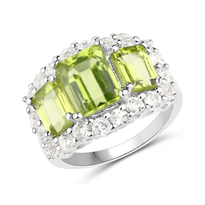 4.40 Ct Octagon Green Peridot Prong Silver Three Stone Halo Ring