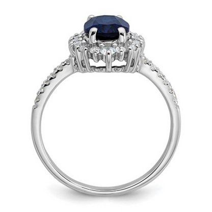 1.45 Ct Oval Blue Lab Created Sapphire and Cubic Zirconia Prong Silver Halo Statement Pave Bridge Ring