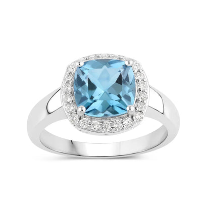 2.50 Ct Cushion London Blue Topaz and Lab Diamond Prong Silver Halo Ring