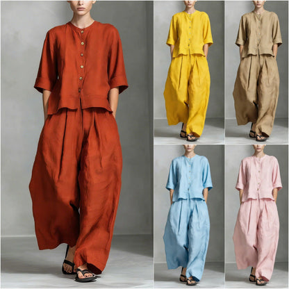 Three-Quarter Sleeve Shirt & Loose Trousers Two-Piece Set