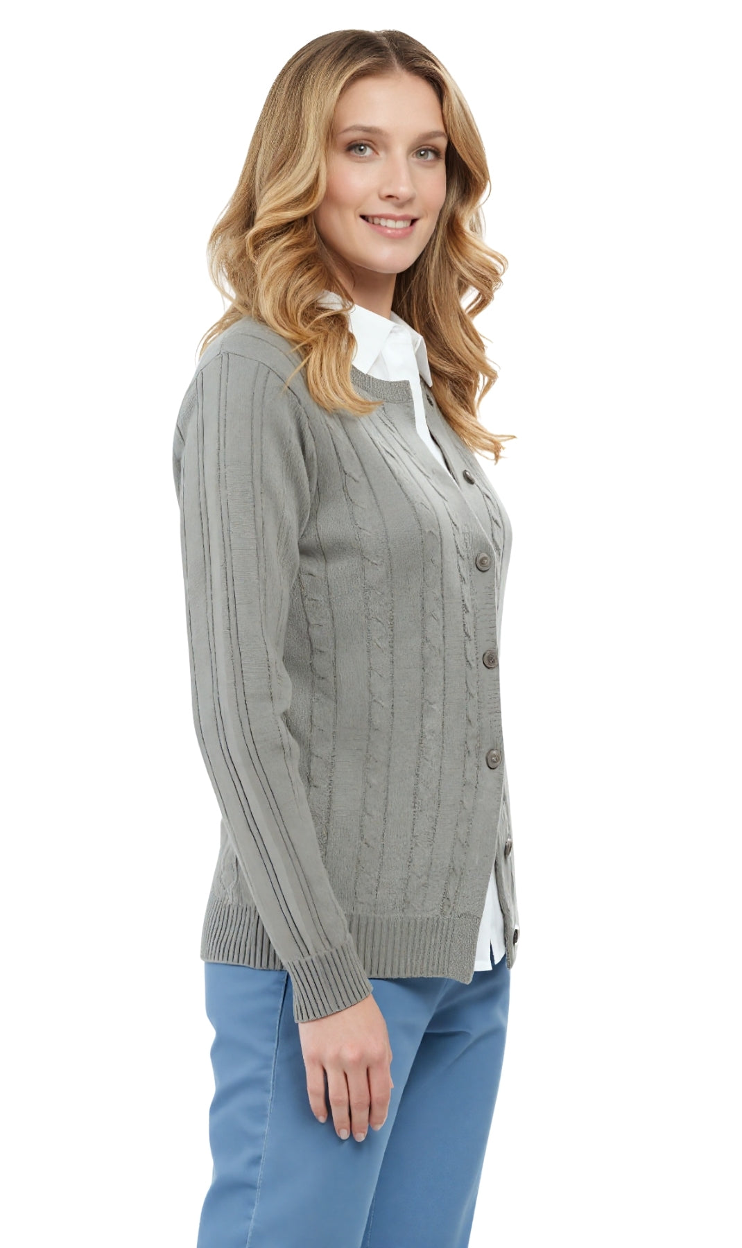 Women's Classic Button Front Cable Knit Cardigan in Soft Acryllic