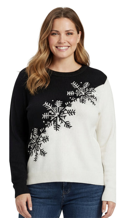 Women’s Cozy Long Sleeves Snowflake-Decorated Color Block Holiday Crewneck Sweater - Classy Christmas Pullover in 100% Soft Durable Acrylic