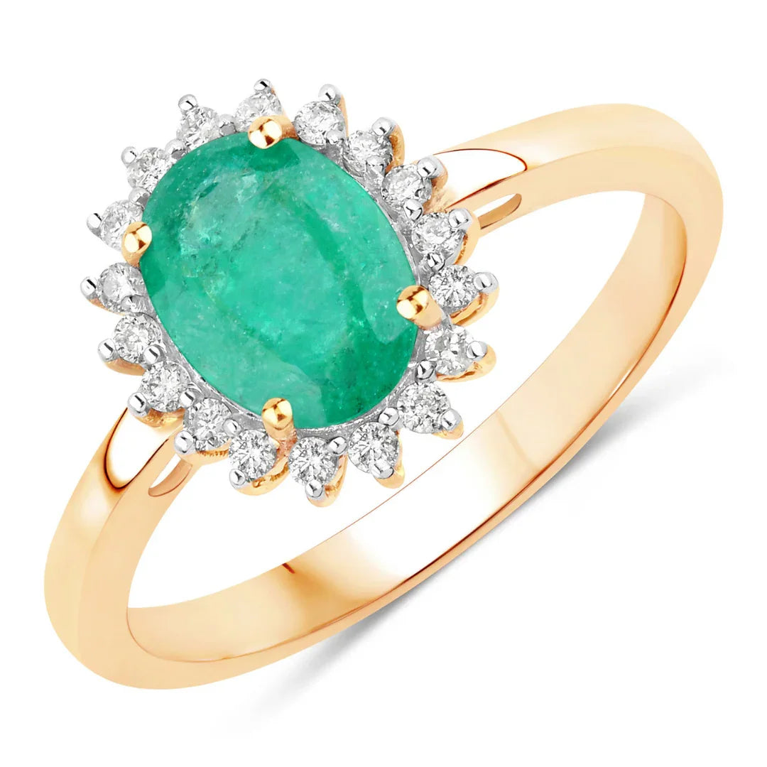 1.20 Ct Oval Green Zambian Emerald Diamond Prong 10k Gold Halo Ring
