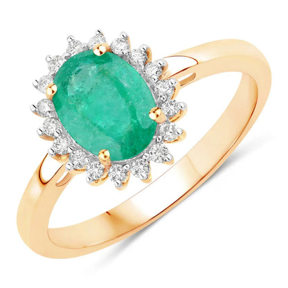 1.20 Ct Oval Green Zambian Emerald Diamond Prong 10k Gold Halo Ring