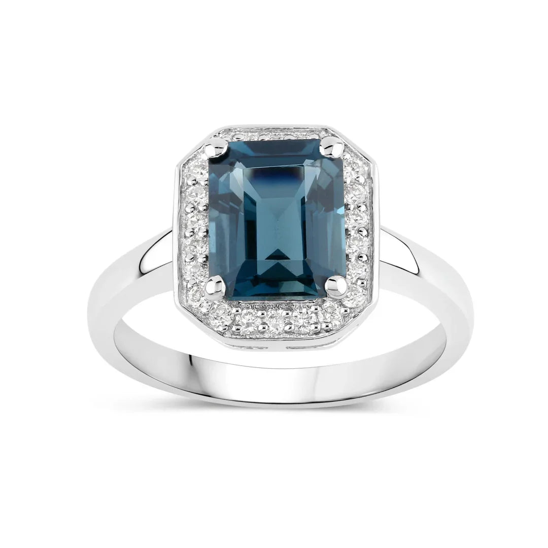 2.80 Ct Octagon London Blue Topaz and Lab Diamond Prong Silver Halo Ring