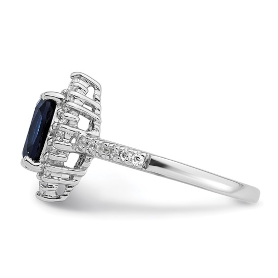 1.45 Ct Oval Blue Lab Created Sapphire and Cubic Zirconia Prong Silver Halo Statement Pave Bridge Ring